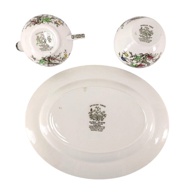 Johnson Brothers Indian Tree Green Key Platter Creamer Sugar Bowl Set Vintage Fl - Picture 9 of 16